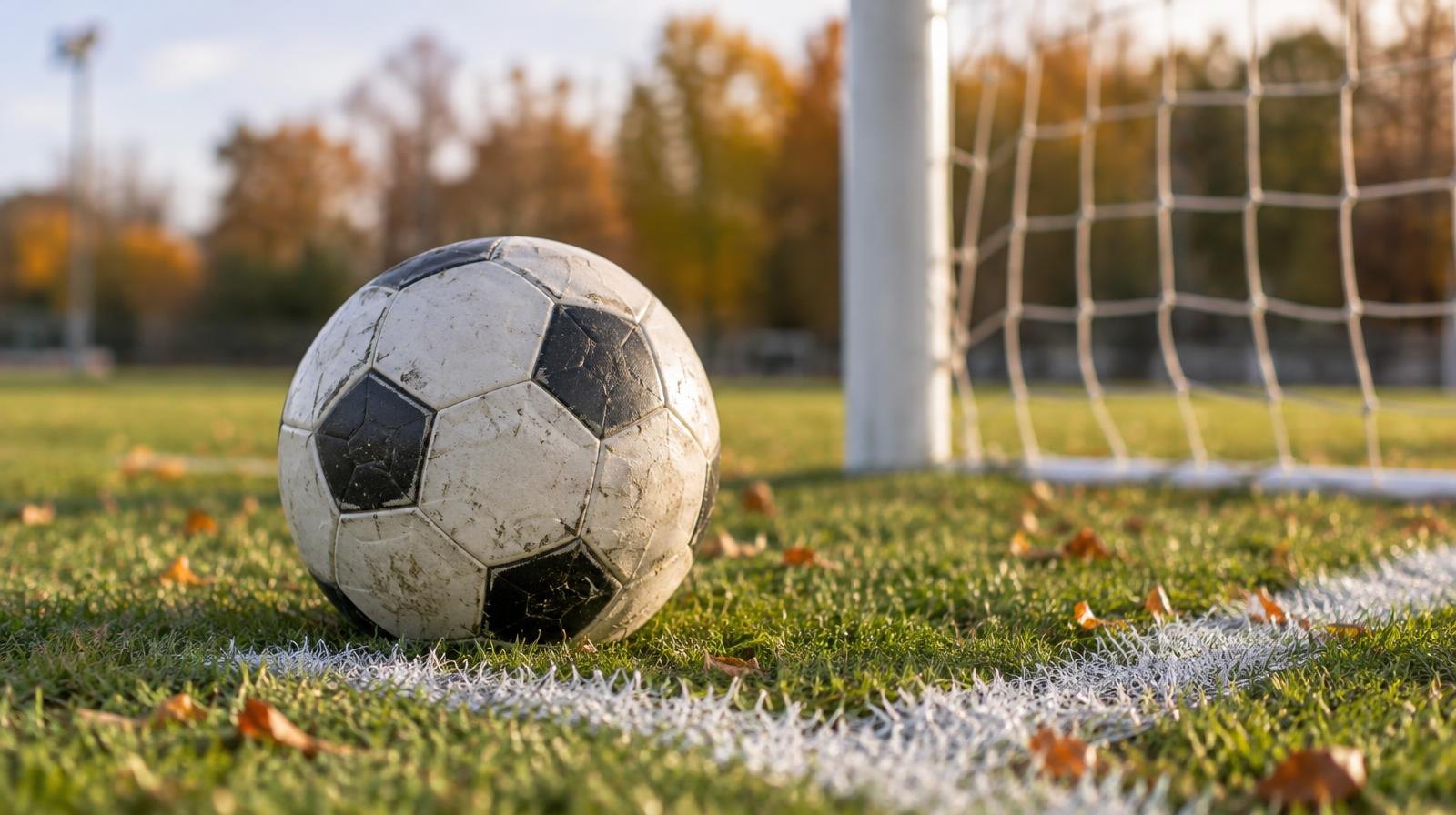 A white soccer ball on a grass field near a goal net in afternoon light.