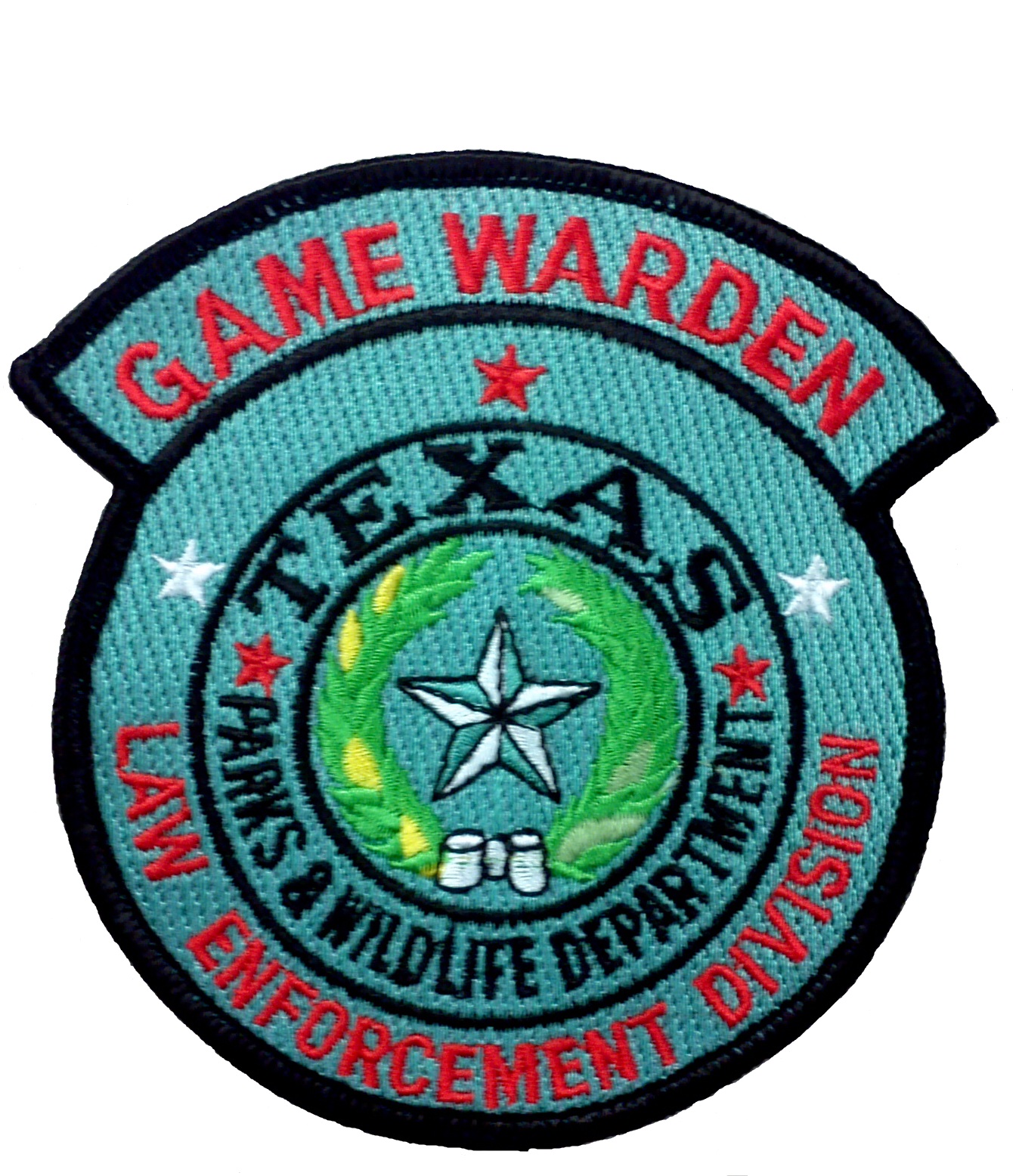 Embroidered teal patch reading Game Warden, Texas Parks and Wildlife Department Law Enforcement Division.