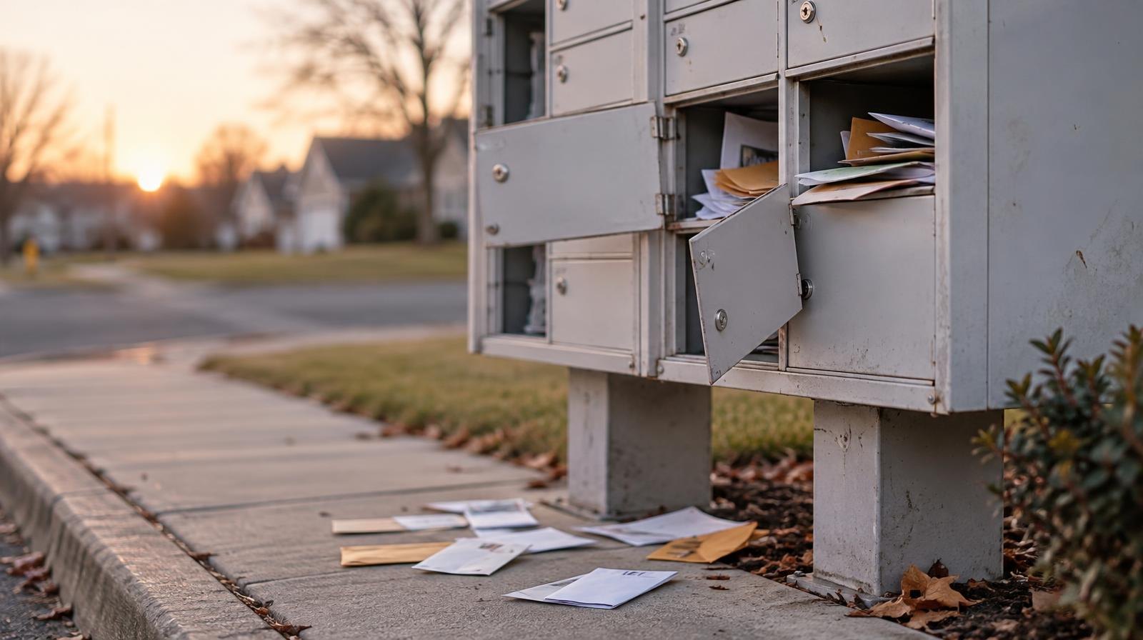 Cluster of open residential mailboxes with scattered envelopes on the ground.