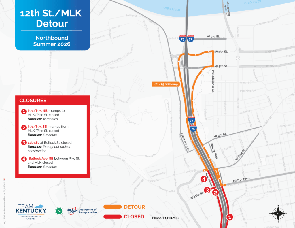 Traffic detour map showing orange reroute lines and red closed road segments near I-71/75 in Covington.