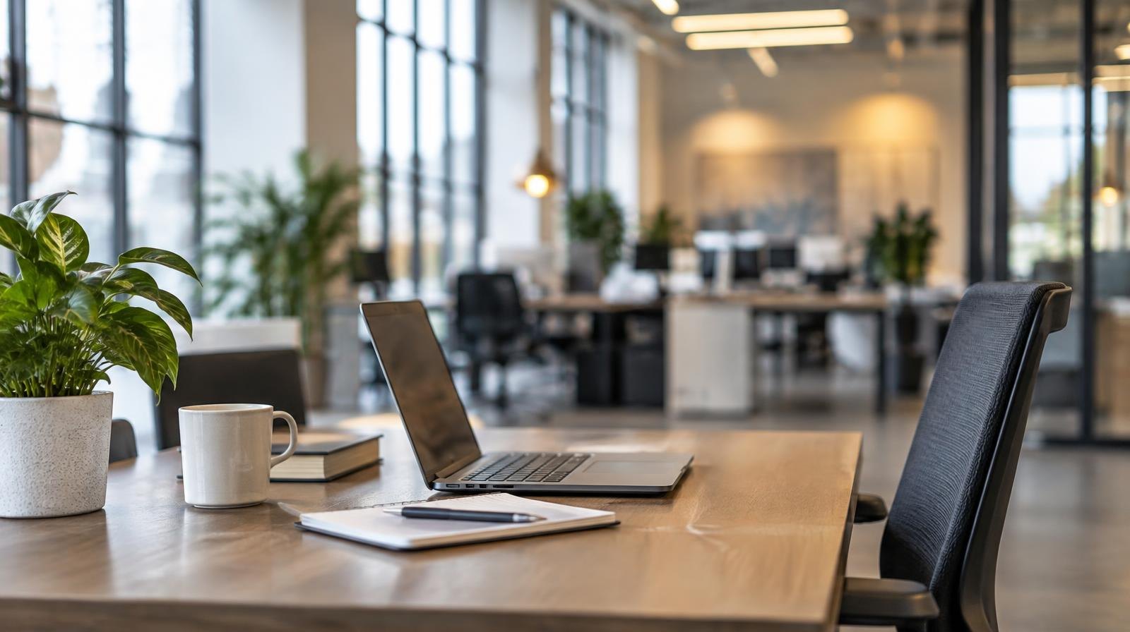 Bright open-plan office interior with large windows and modern furnishings.