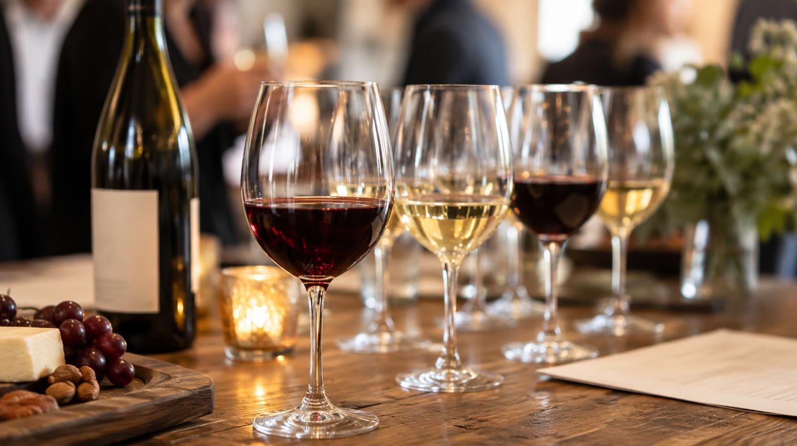 Several wine glasses with red and white wine on a wooden surface beside a wine bottle.