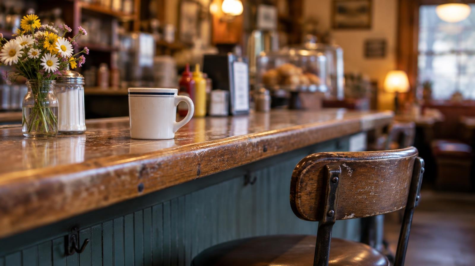 Rustic diner counter with a wooden stool, coffee mug, and wildflowers.