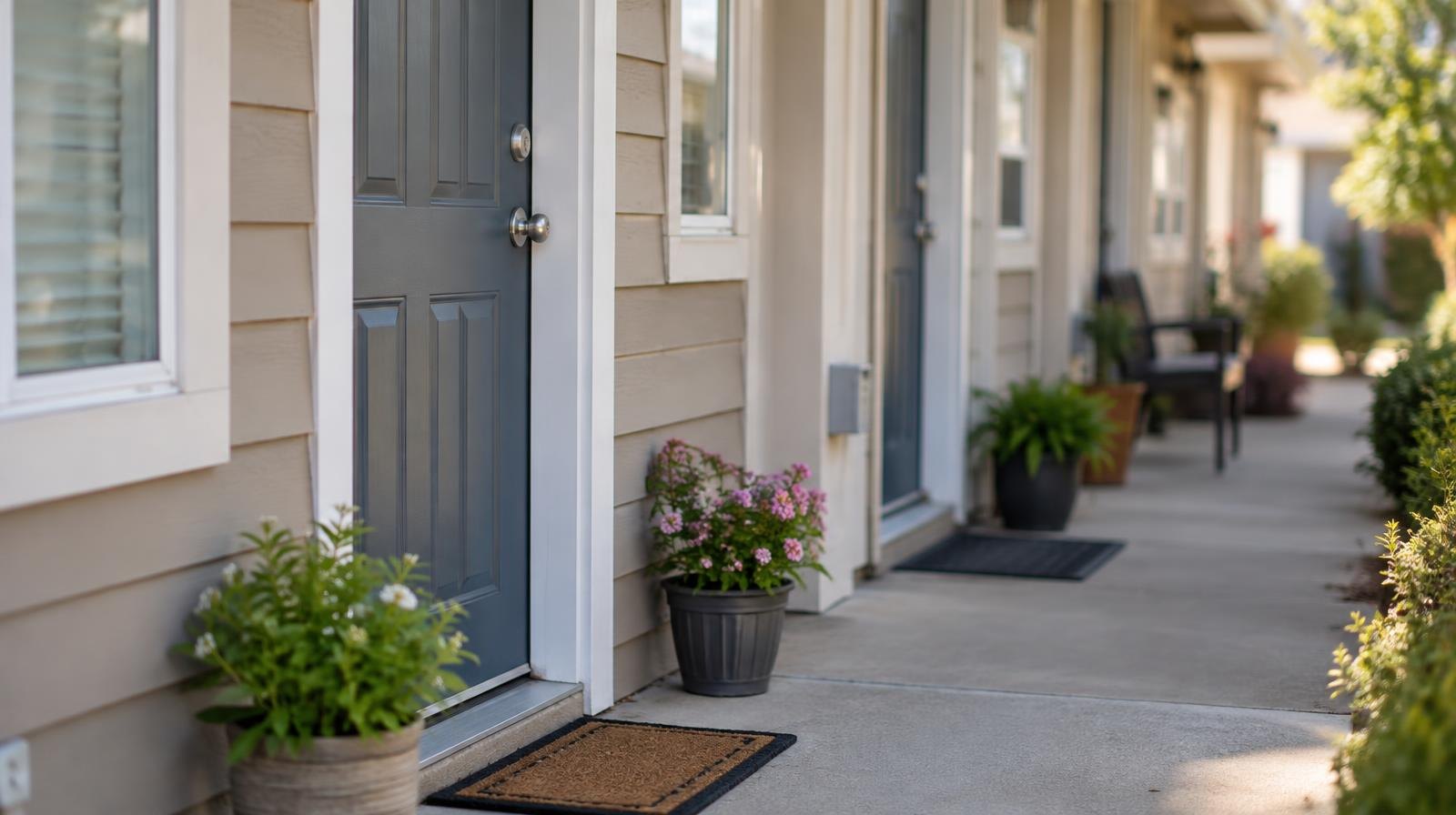 A row of apartment doors with small potted plants and welcome mats outside.
