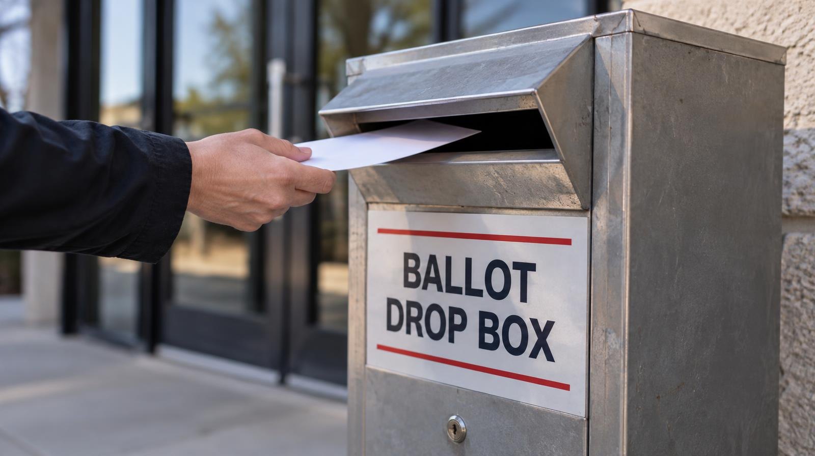 A secure metal ballot drop box with an envelope slot mounted near a building entrance.