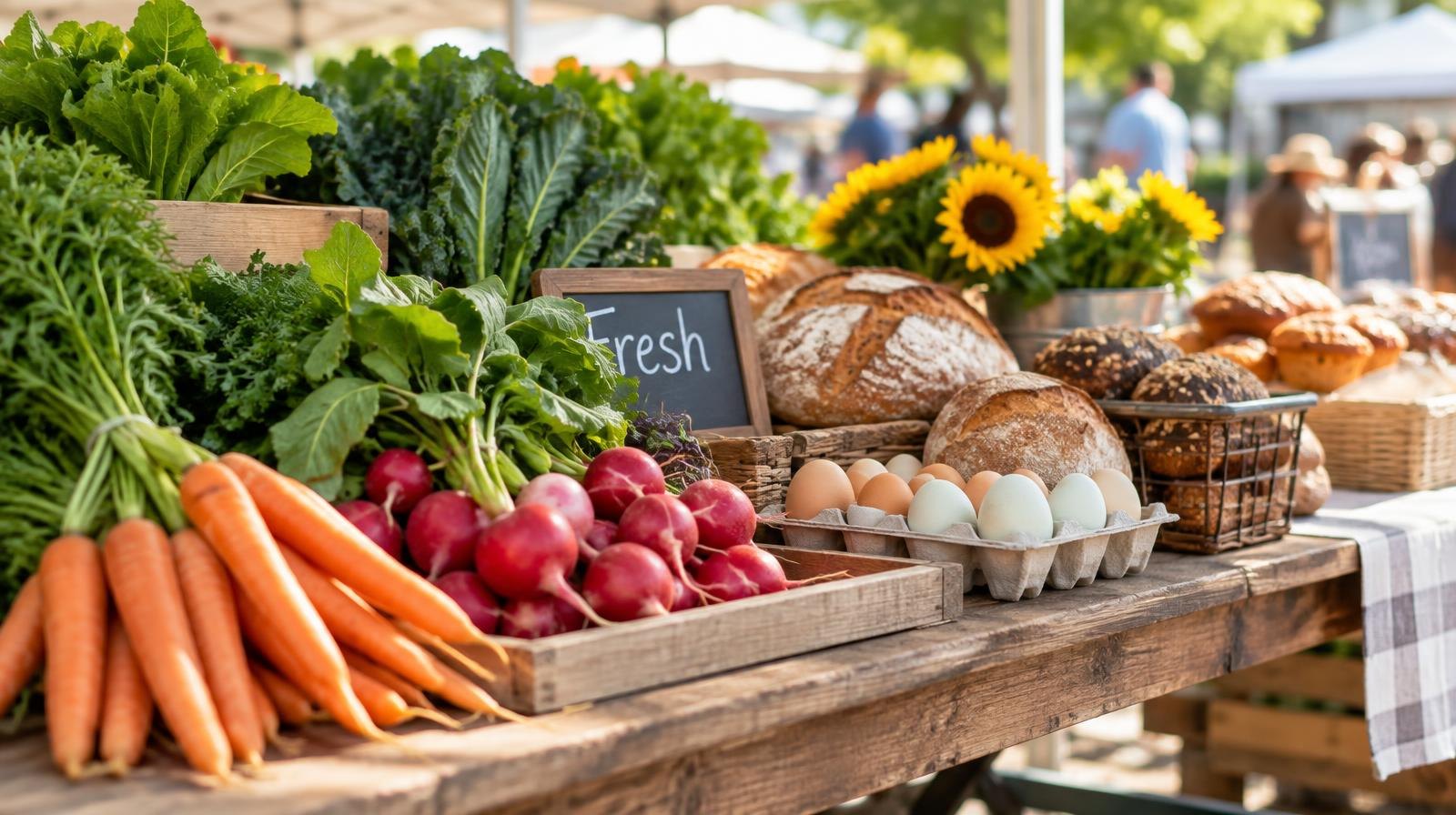 Fresh vegetables, baked goods, and eggs arranged on a table under a white canopy tent at an outdoor market stall.