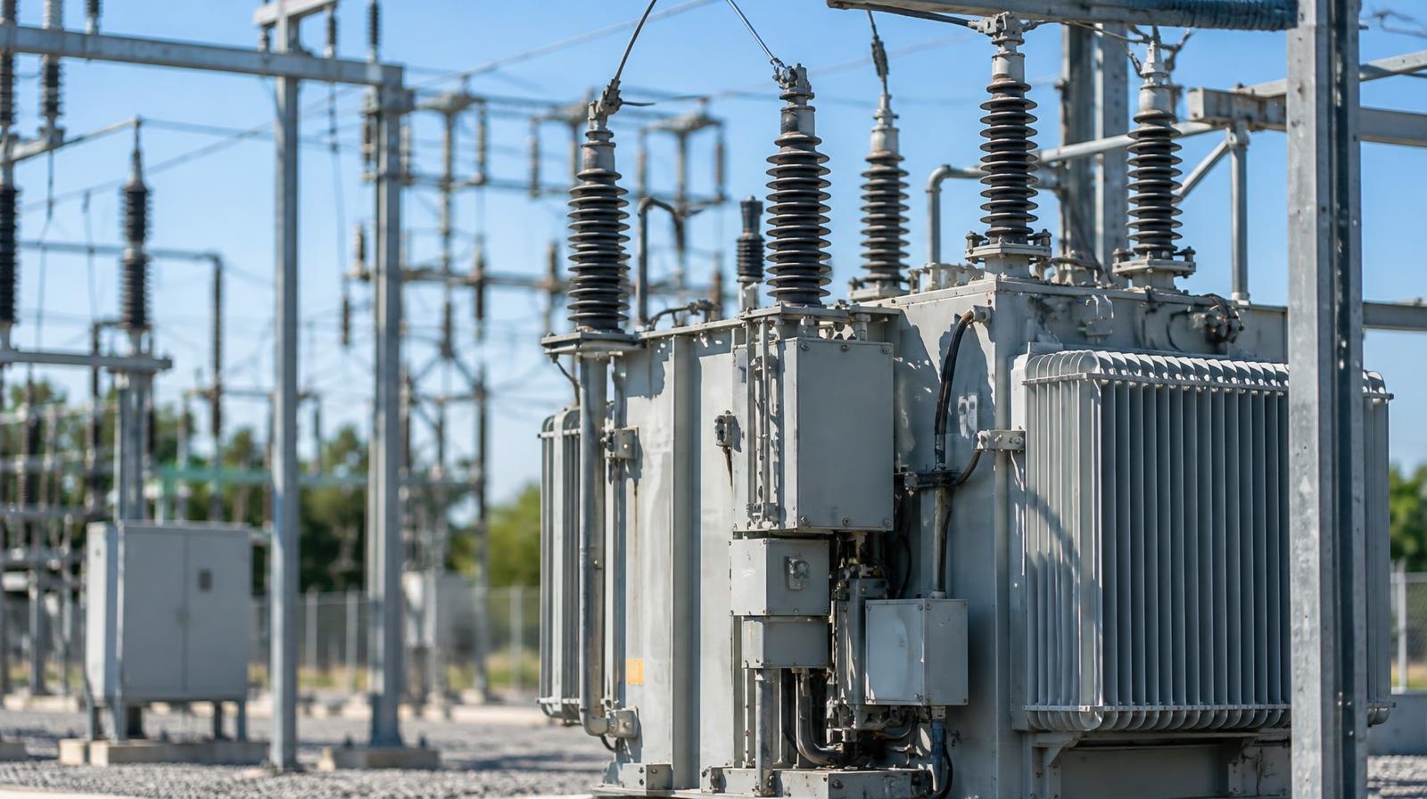 Electrical substation with transformers and high-voltage transmission lines against a clear sky