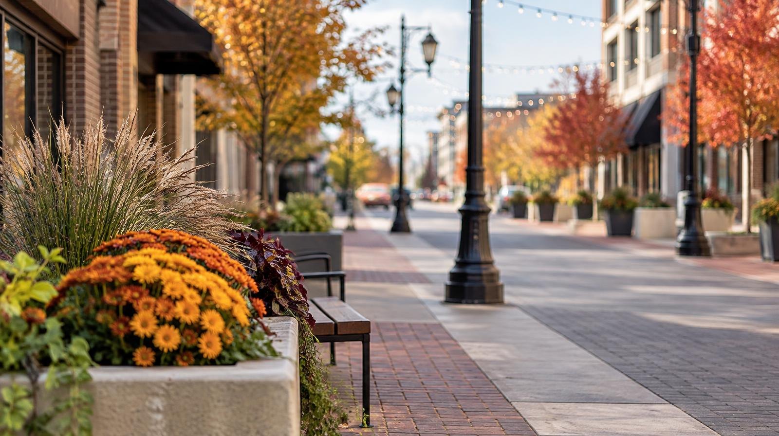 Wide pedestrian-friendly street with decorative lamp posts, string lights, and textured pavement in autumn.