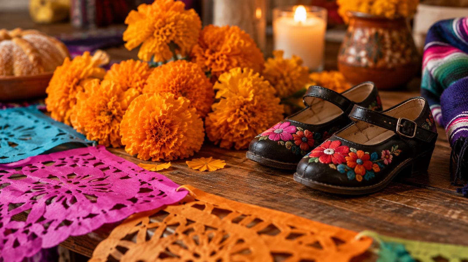 Marigold flowers, colorful papel picado banners, and small folklorico dance shoes on a wooden surface.