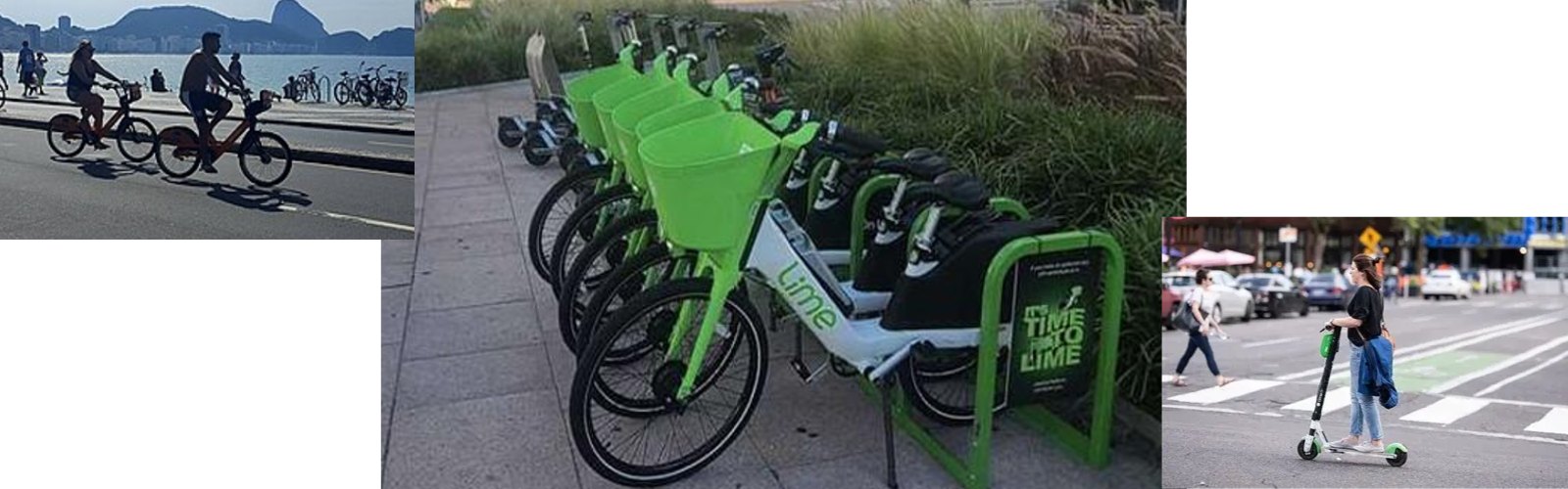 Row of green docked bike-share bicycles on a sidewalk and a child riding a scooter at a crosswalk.