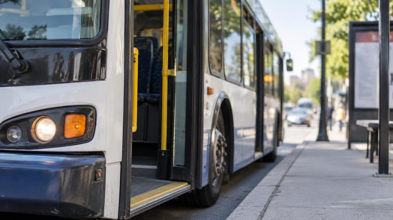 A public transit bus with open doors parked at a curbside bus stop.