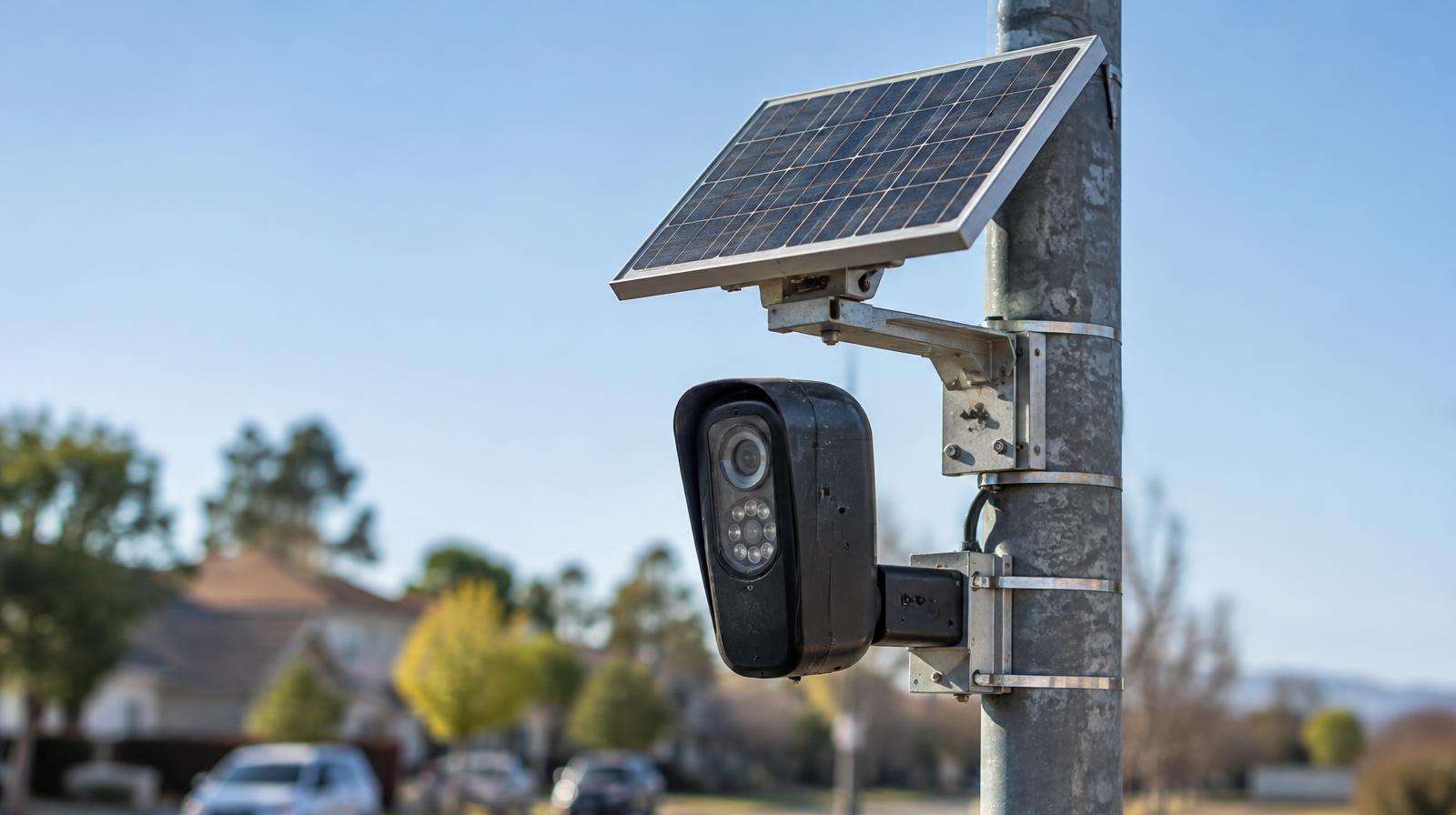 Solar-powered automated license plate reader camera on a metal pole against a clear sky.