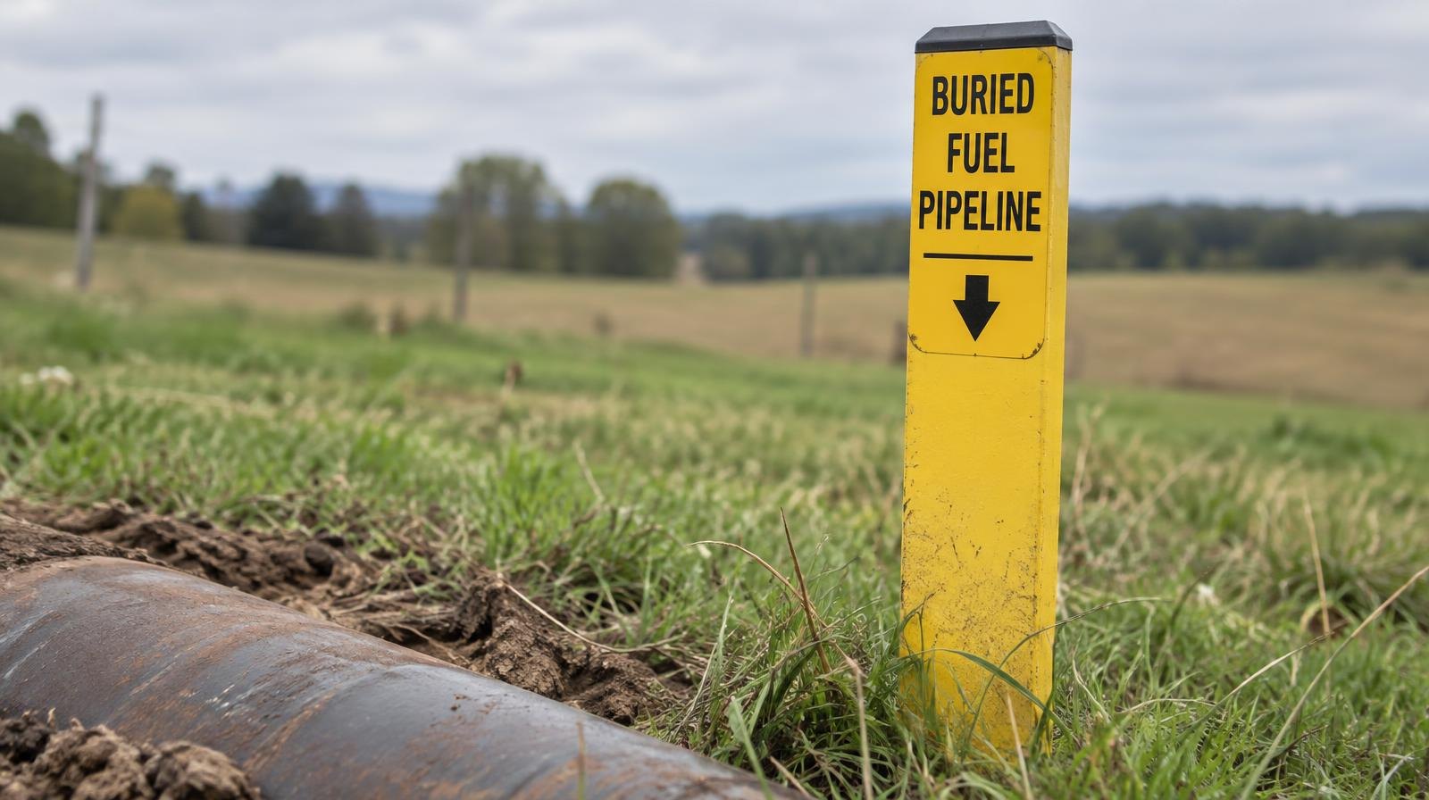 Yellow pipeline warning marker post in a grassy open field.