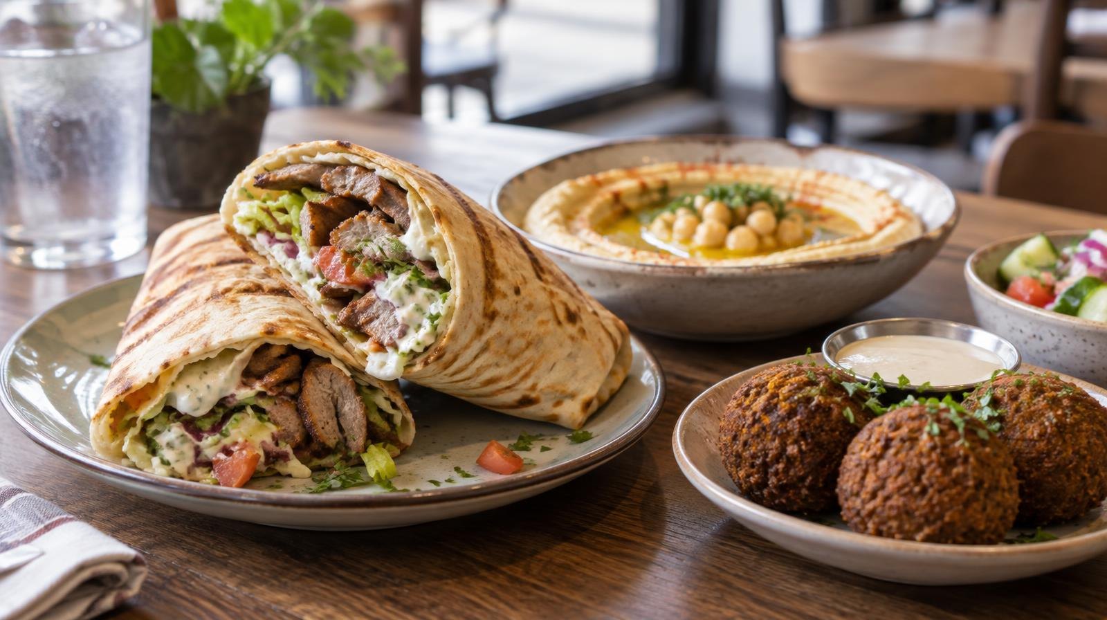 Shawarma wrap, hummus bowl with olive oil, and falafel on a wooden table.