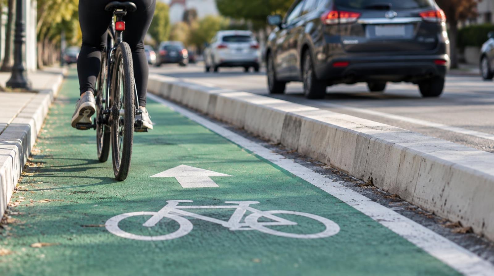 Green-painted separated bike lane with white markings and a low concrete curb divider.