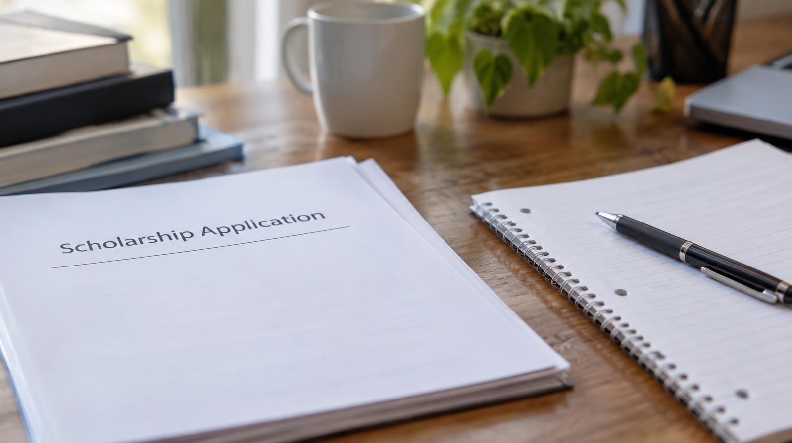 A pen rests on blank lined paper beside a stack of documents on a wooden desk.