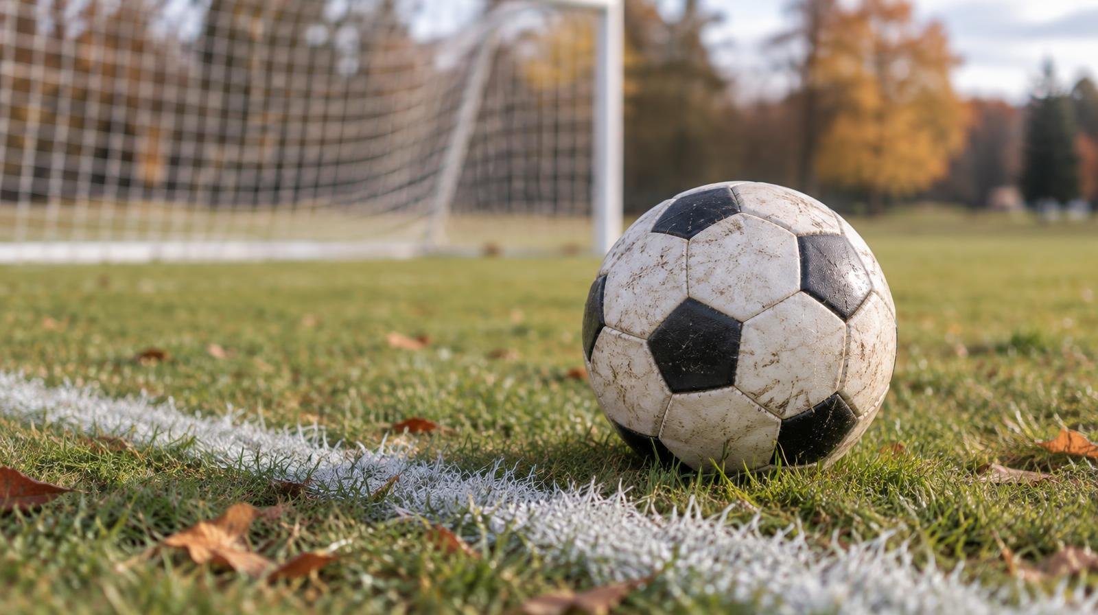 A soccer ball on a grass field with a goal net in the background.