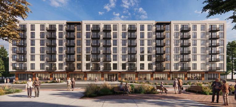 Architectural rendering of a multistory building with balconies, ground-floor storefronts and a landscaped pedestrian area.