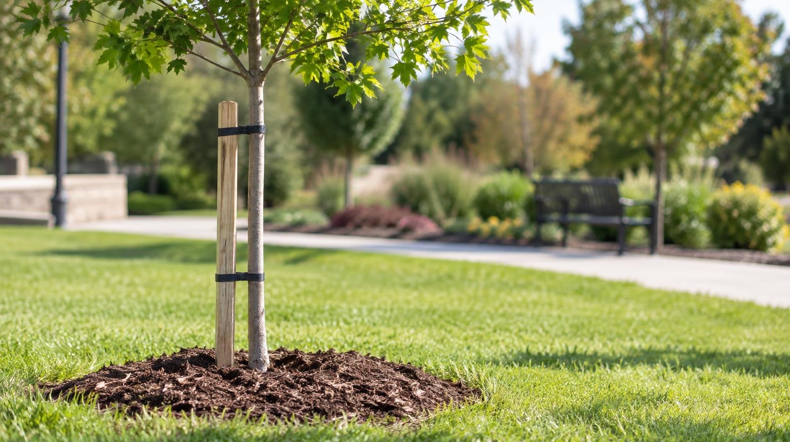 A young tree with a wooden stake and mulch ring in a sunny lawn.