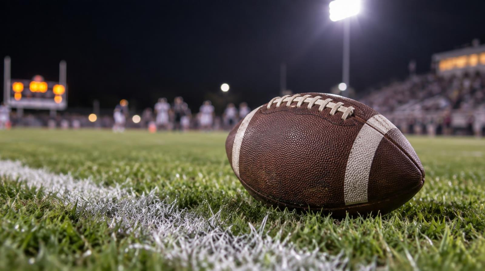 An American football resting on green grass next to a white yard line.