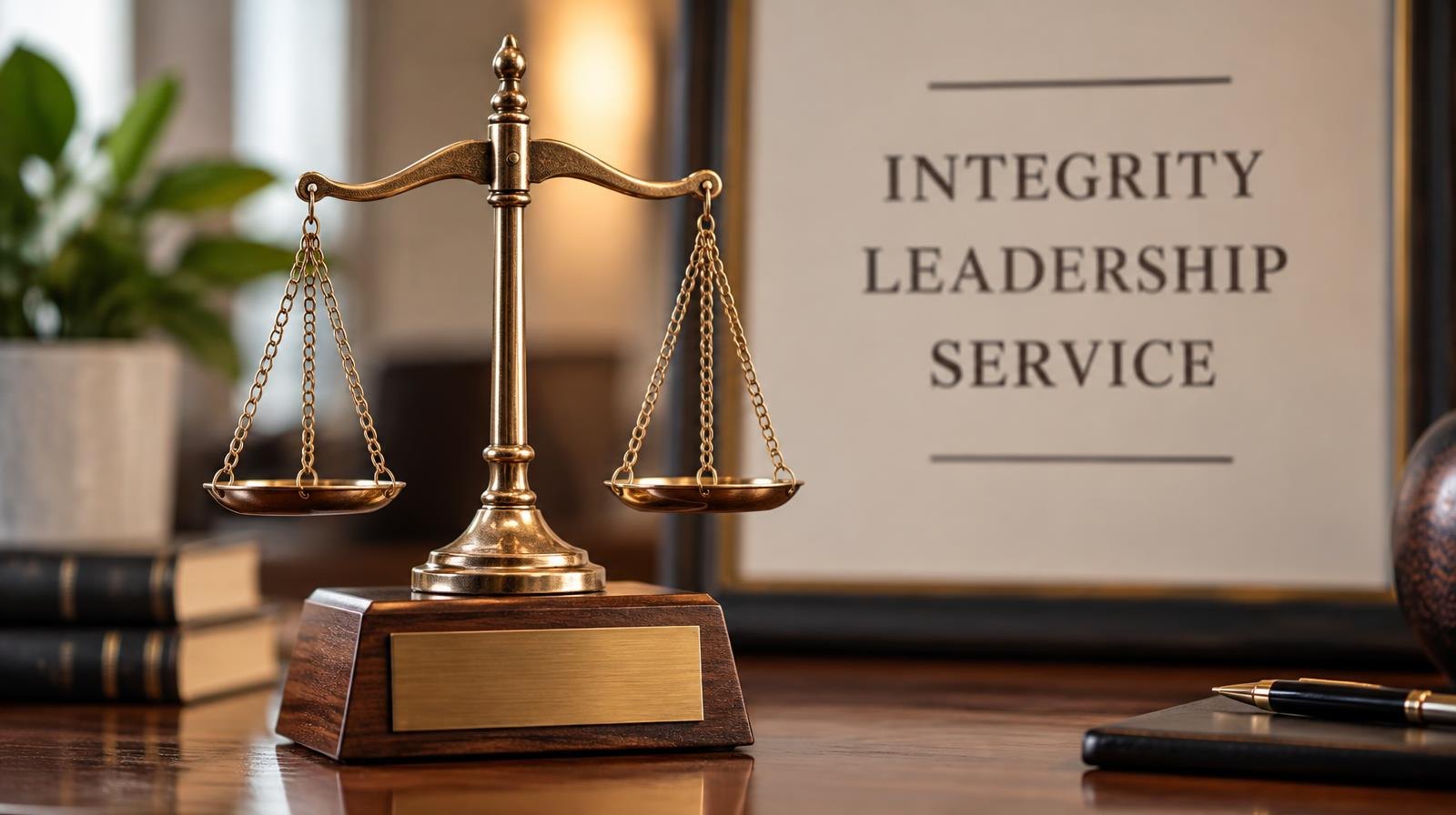 A polished gold trophy resting on a wooden pedestal against a warm background.
