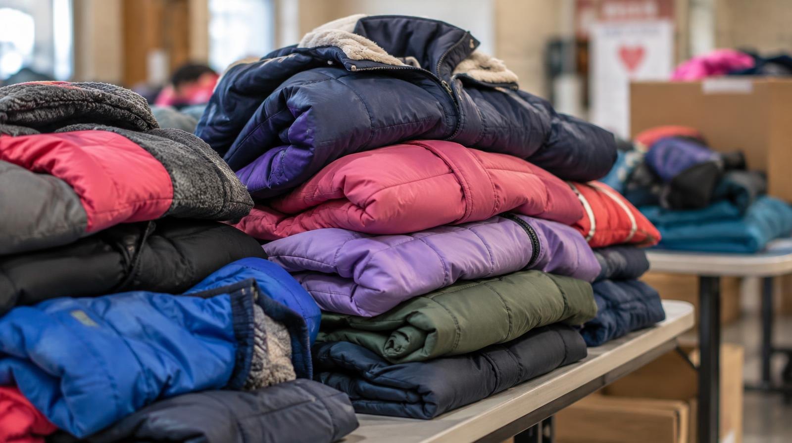 Stack of colorful folded children's winter coats on a table.