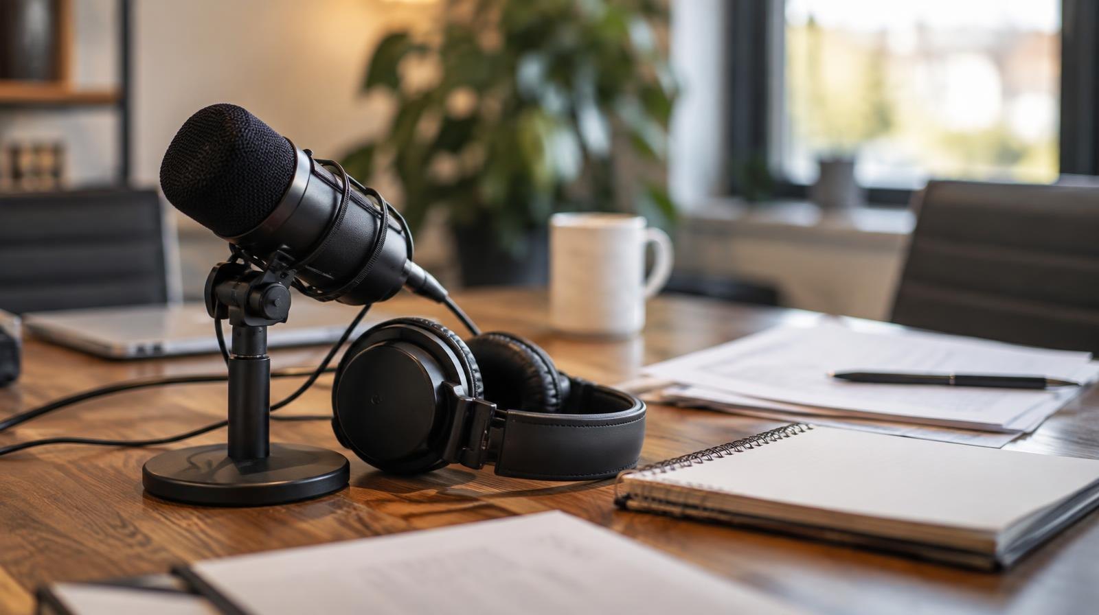 A podcast microphone and headphones on a table beside scattered papers and a notebook.