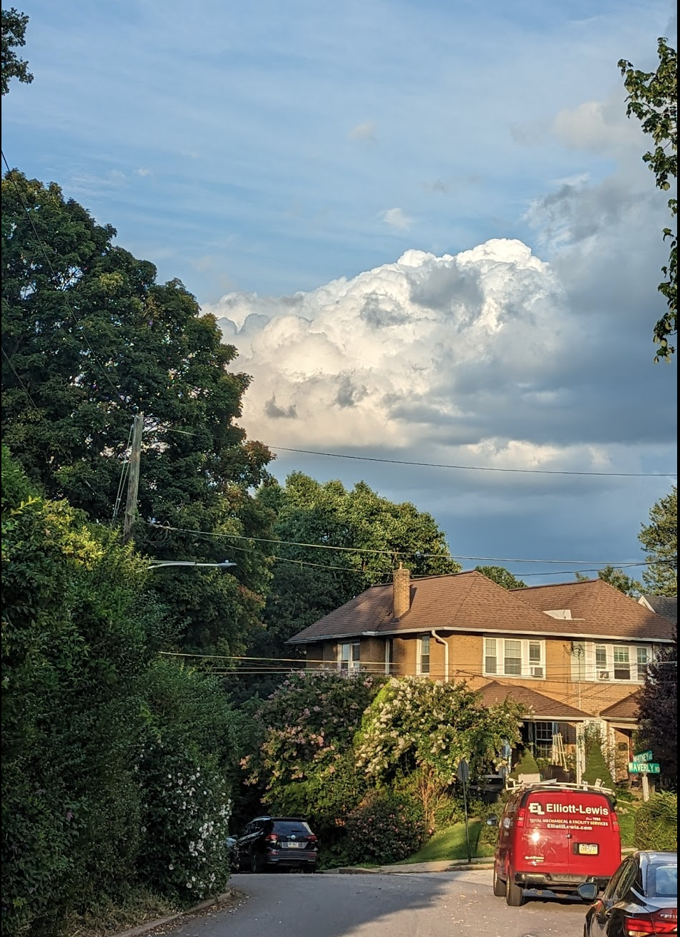 A brick house on a tree-lined residential street under a partly cloudy sky.