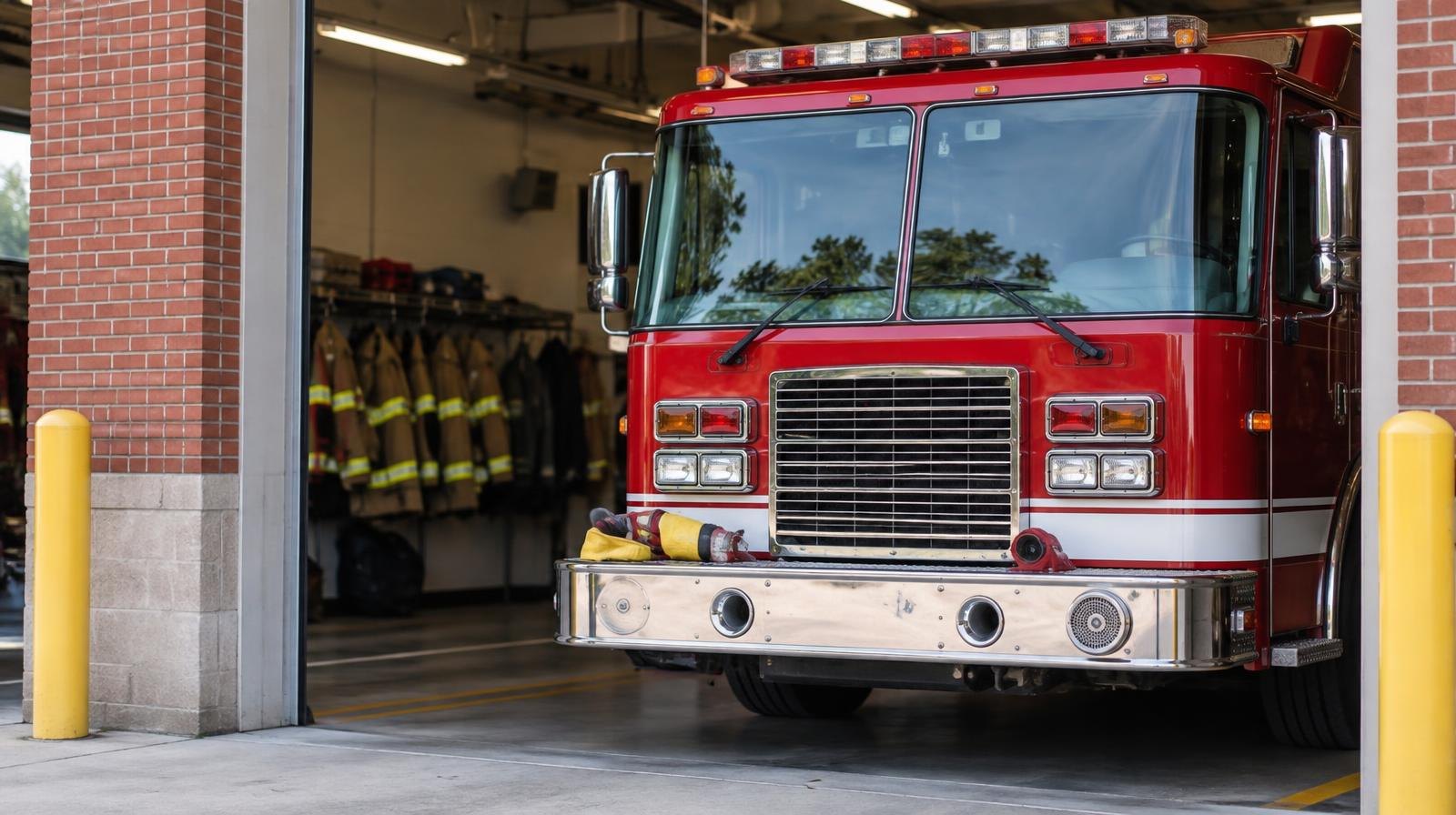 Red fire engine parked inside an open fire station bay viewed from outside.