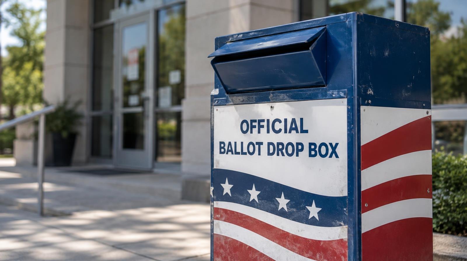 A red, white, and blue ballot drop box on a sidewalk near a building entrance.