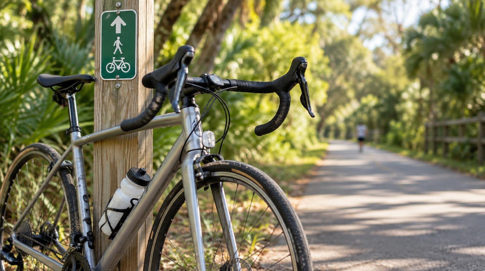 A road bicycle leaning against a wooden post on a sunny paved trail lined with trees.