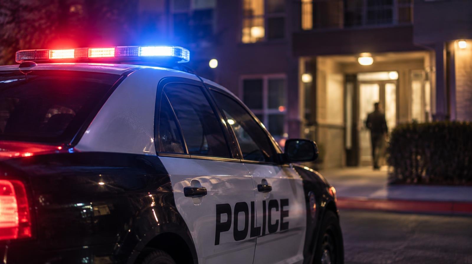 Police patrol car with red and blue emergency lights on at night.