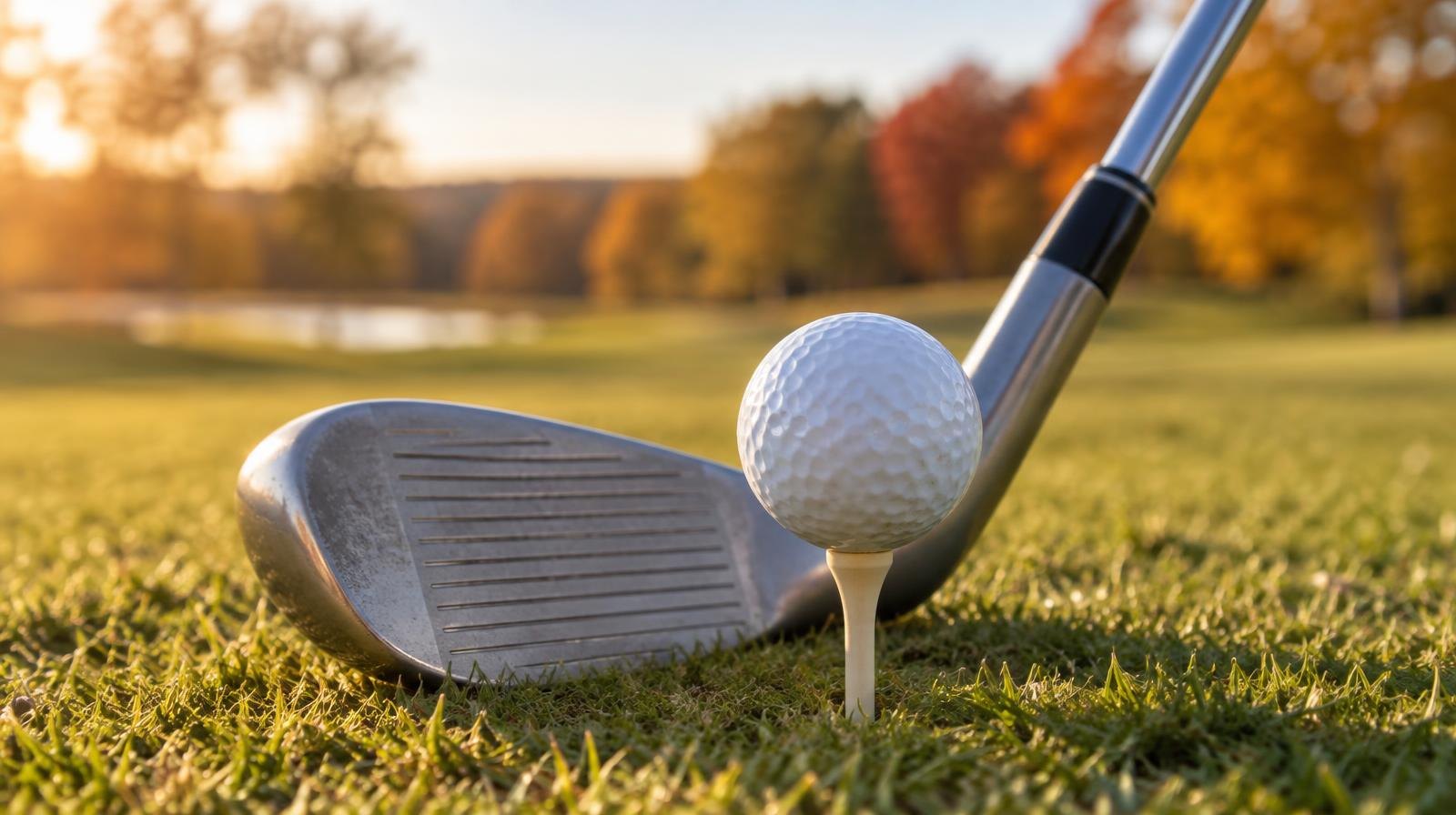 A golf ball on a tee with a club head positioned behind it on green grass.