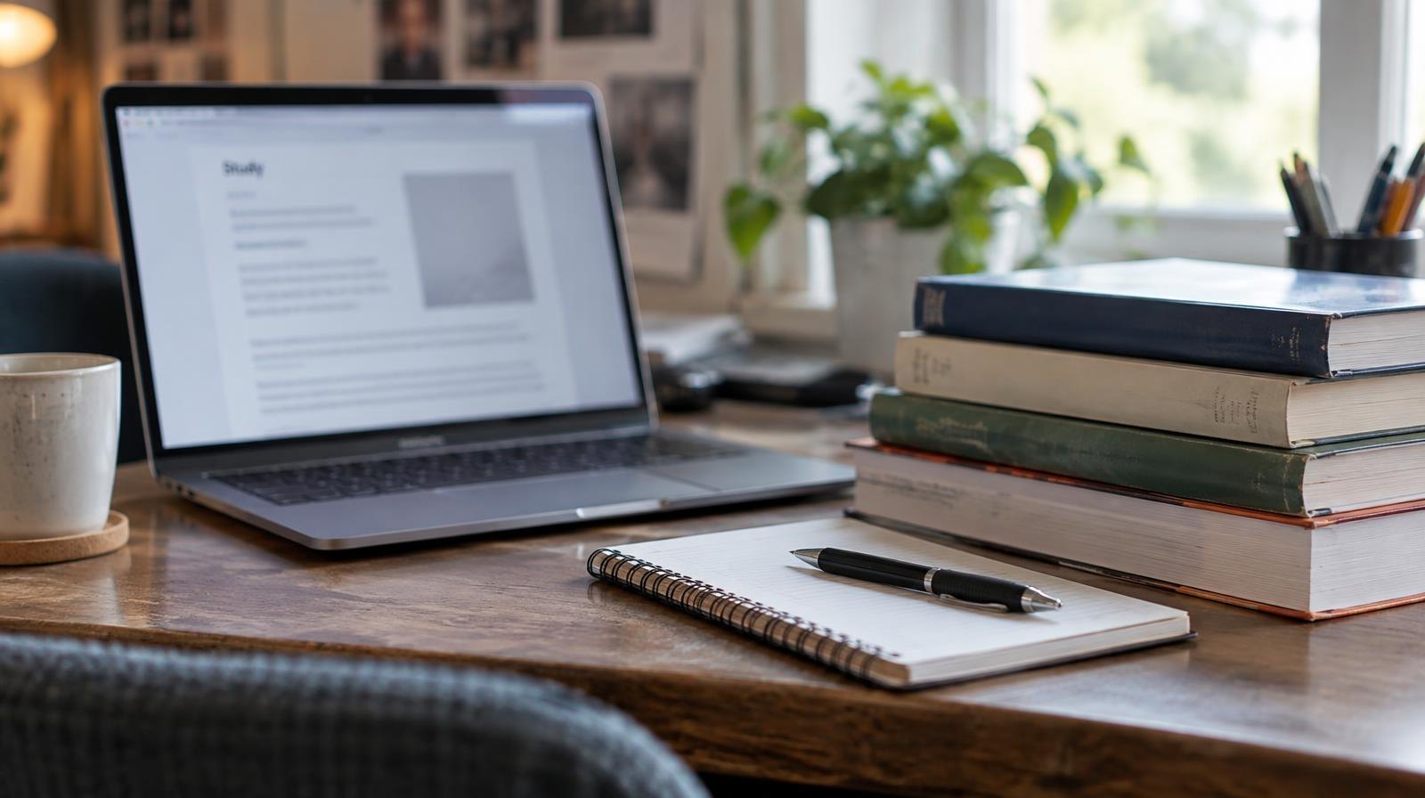 Open laptop computer on a desk beside a stack of textbooks and a notebook.