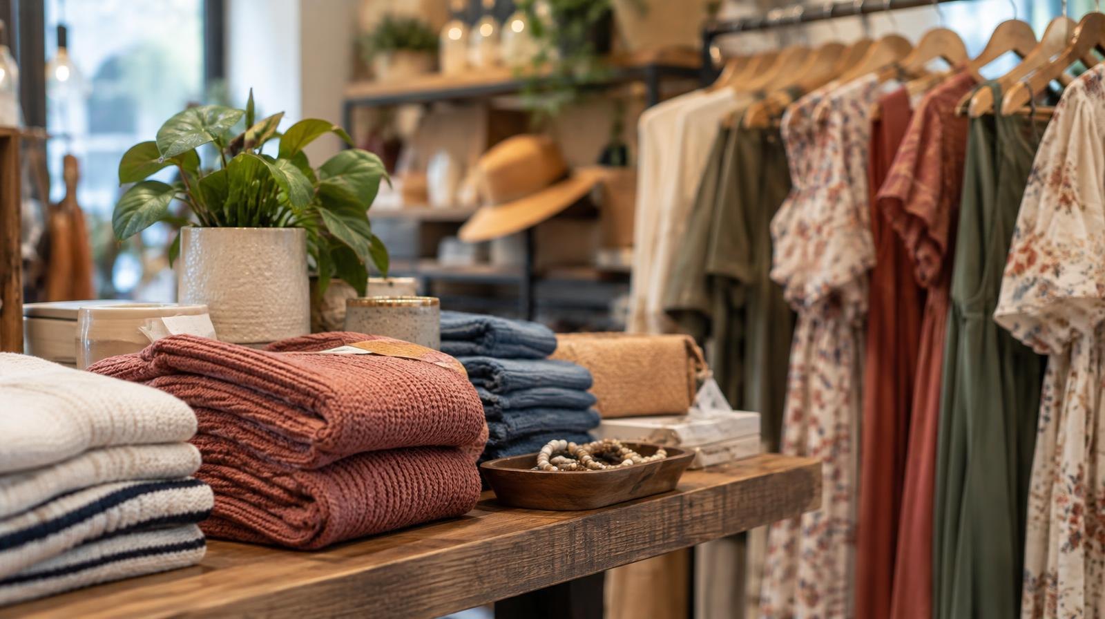 Dresses hanging on a rack beside folded clothes and accessories on a wooden shelf.