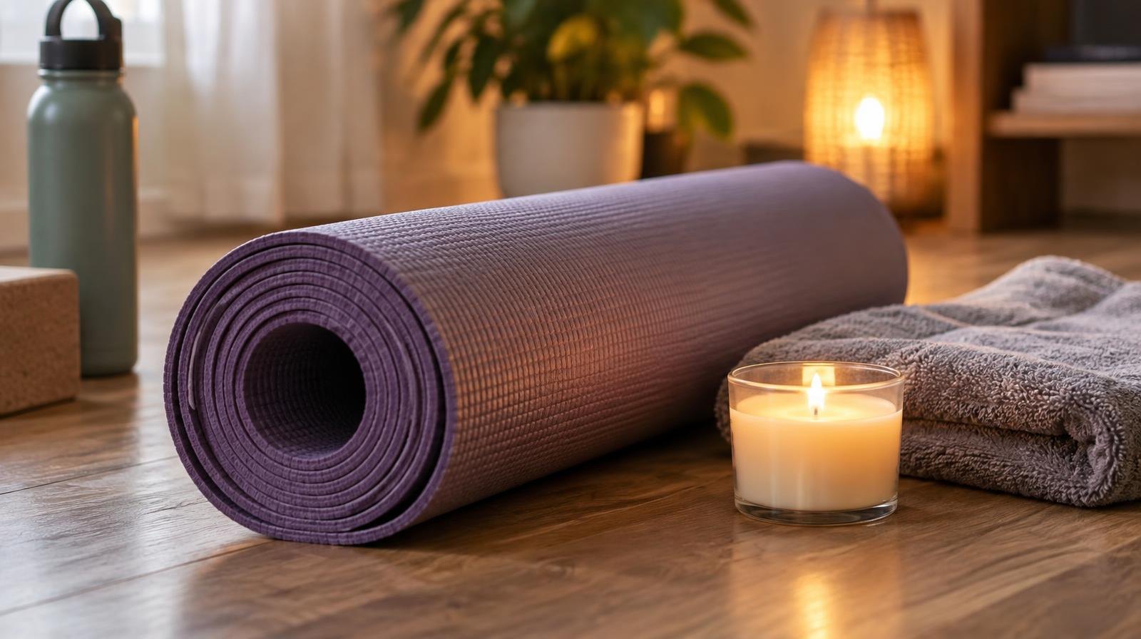 A rolled yoga mat beside a lit candle and folded towel on a wooden floor.