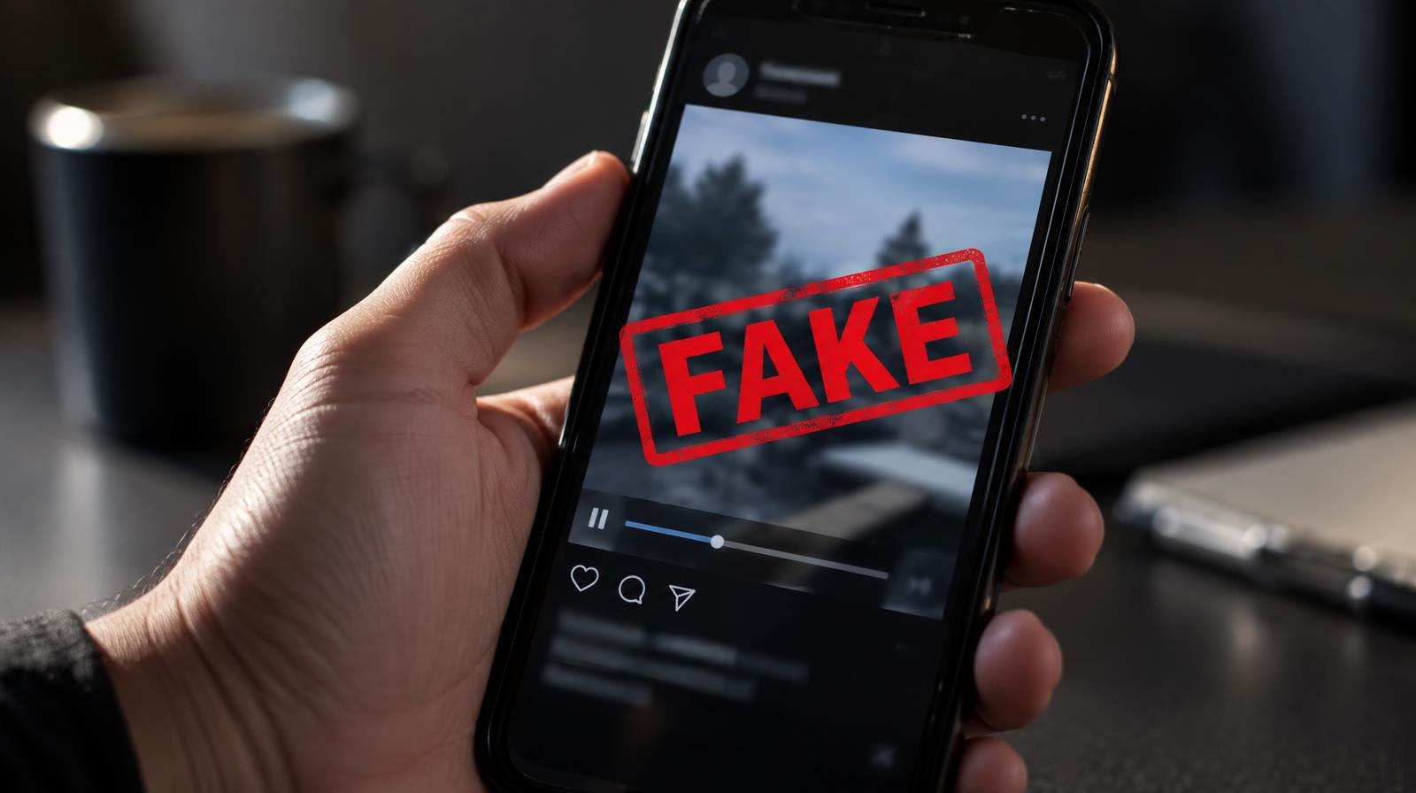 Smartphone screen showing a video post with a red warning stamp overlay.
