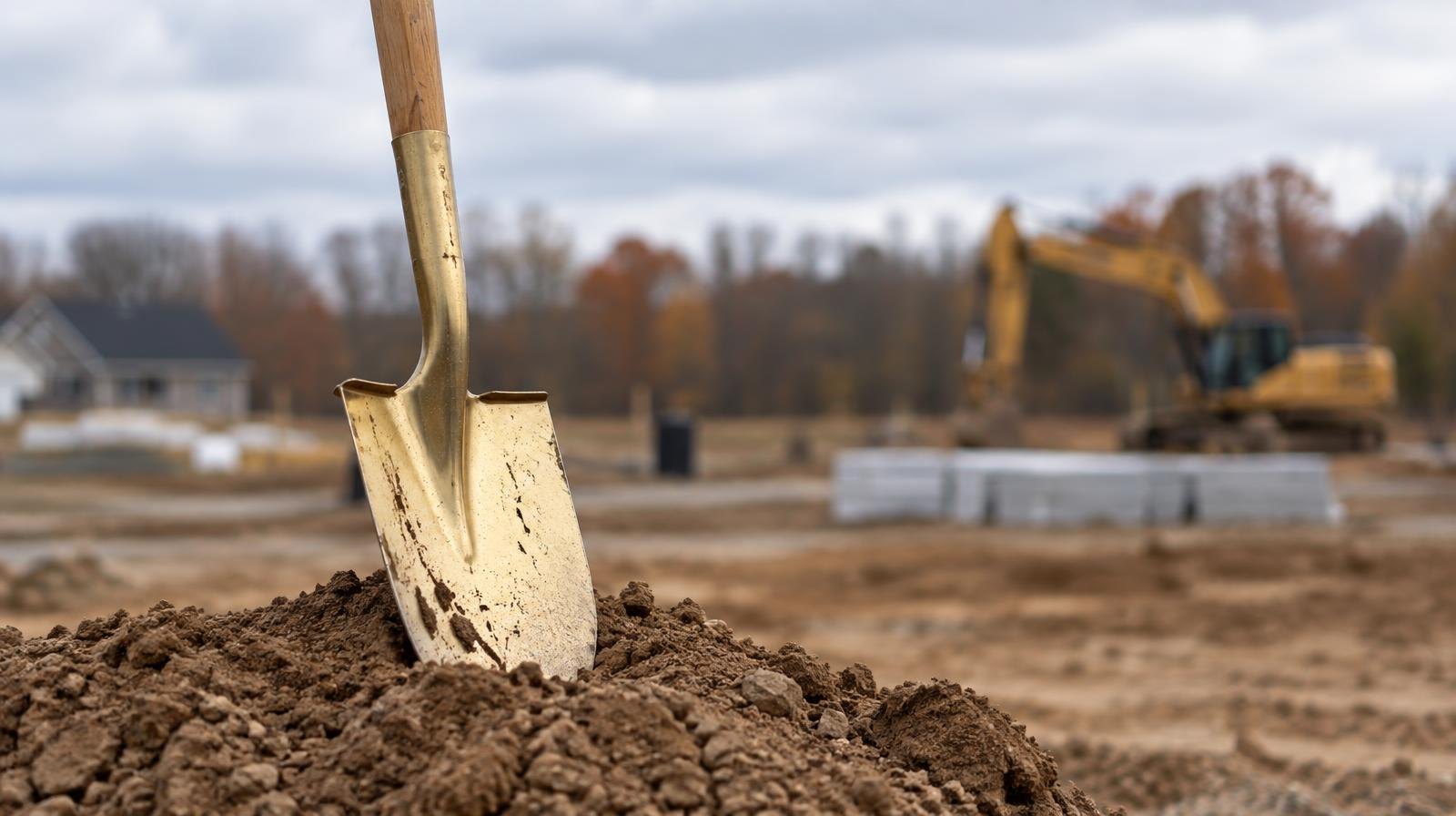 A silver shovel stands upright in a mound of fresh dirt at a construction site.