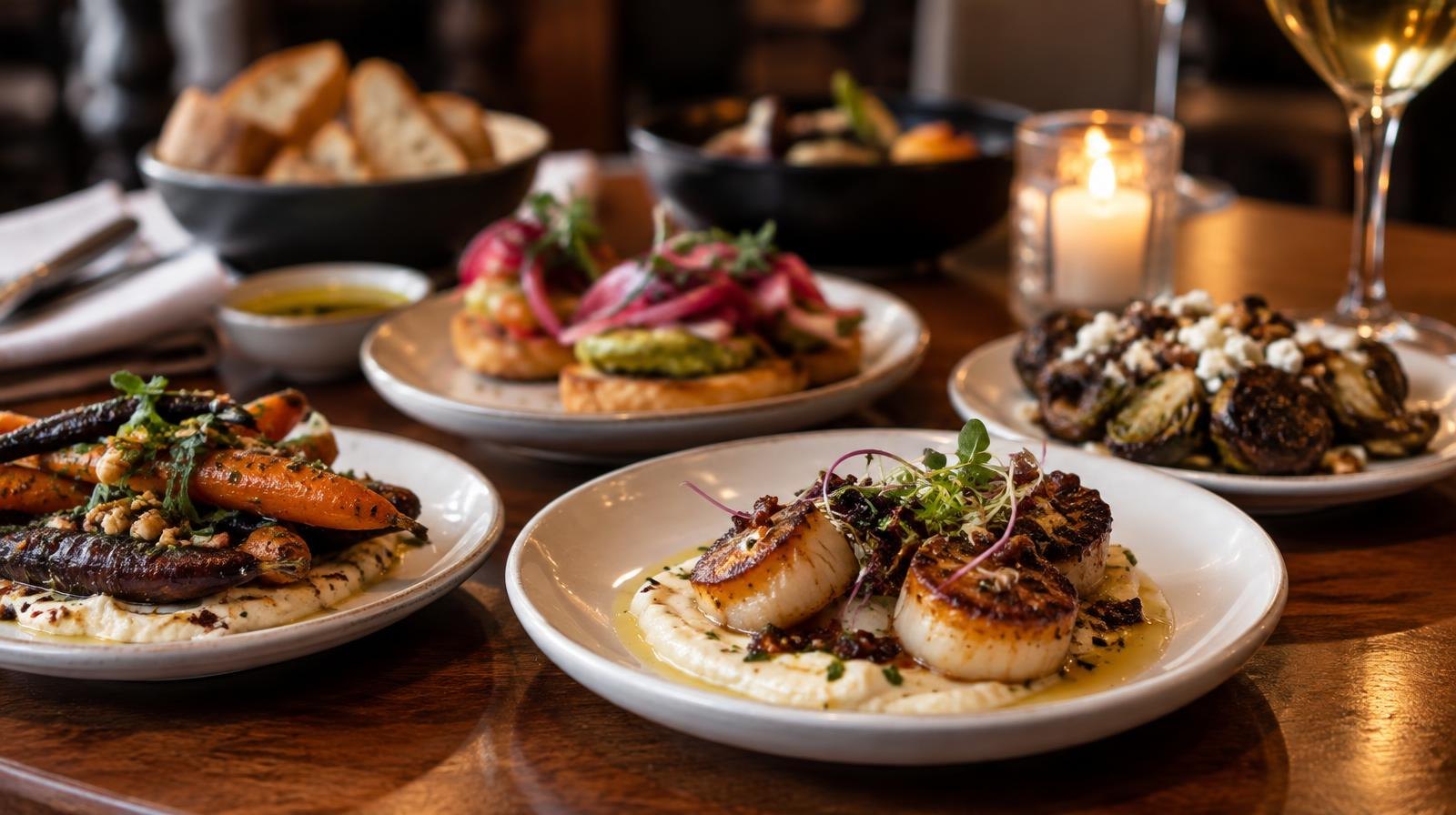 Assorted small-plate appetizers arranged on white plates on a wooden table.