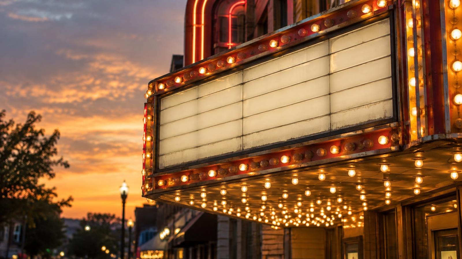 Illuminated vintage movie theater marquee sign glowing with warm bulbs at dusk.