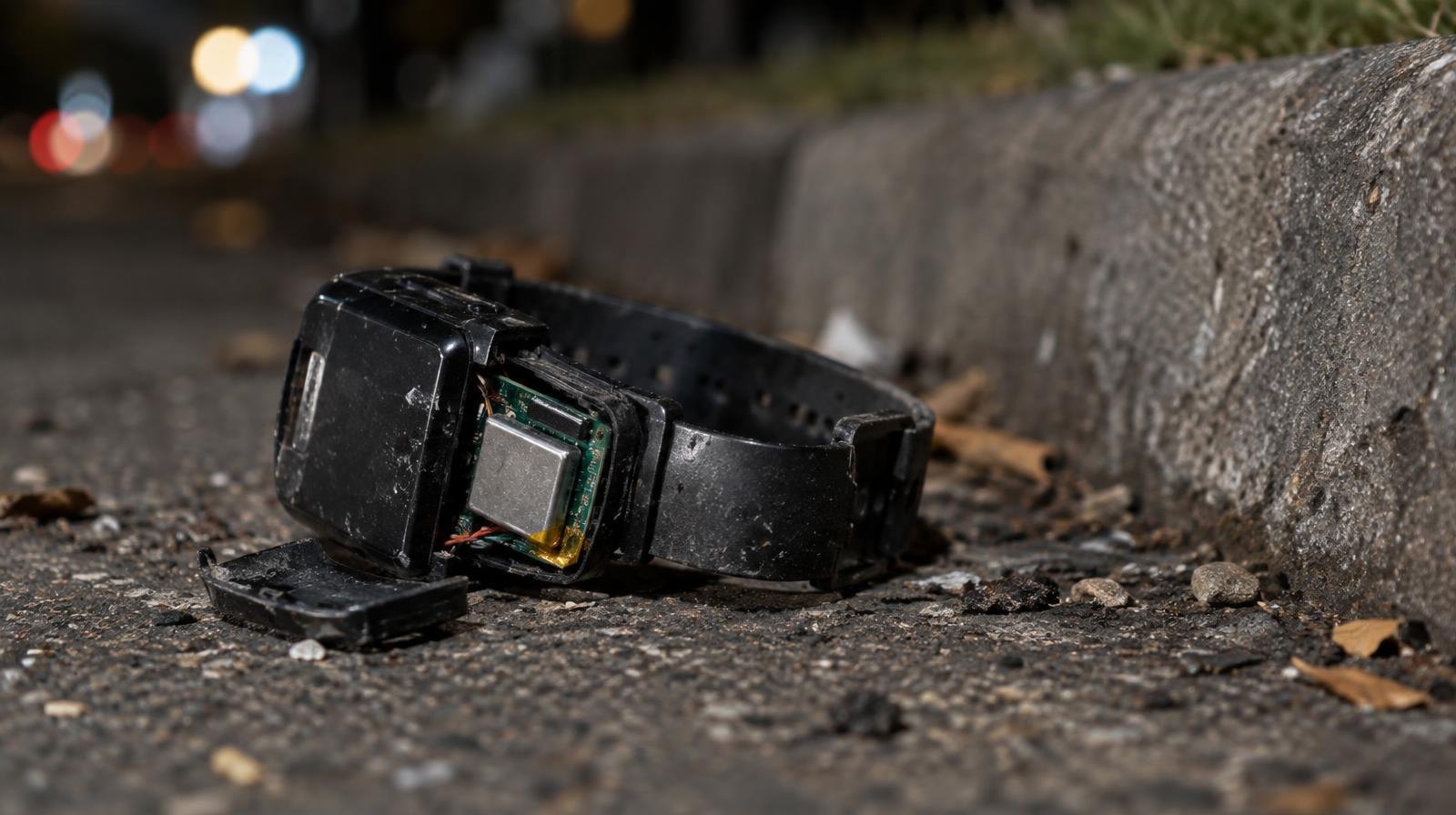 A GPS ankle monitoring device lying discarded on the ground at night.