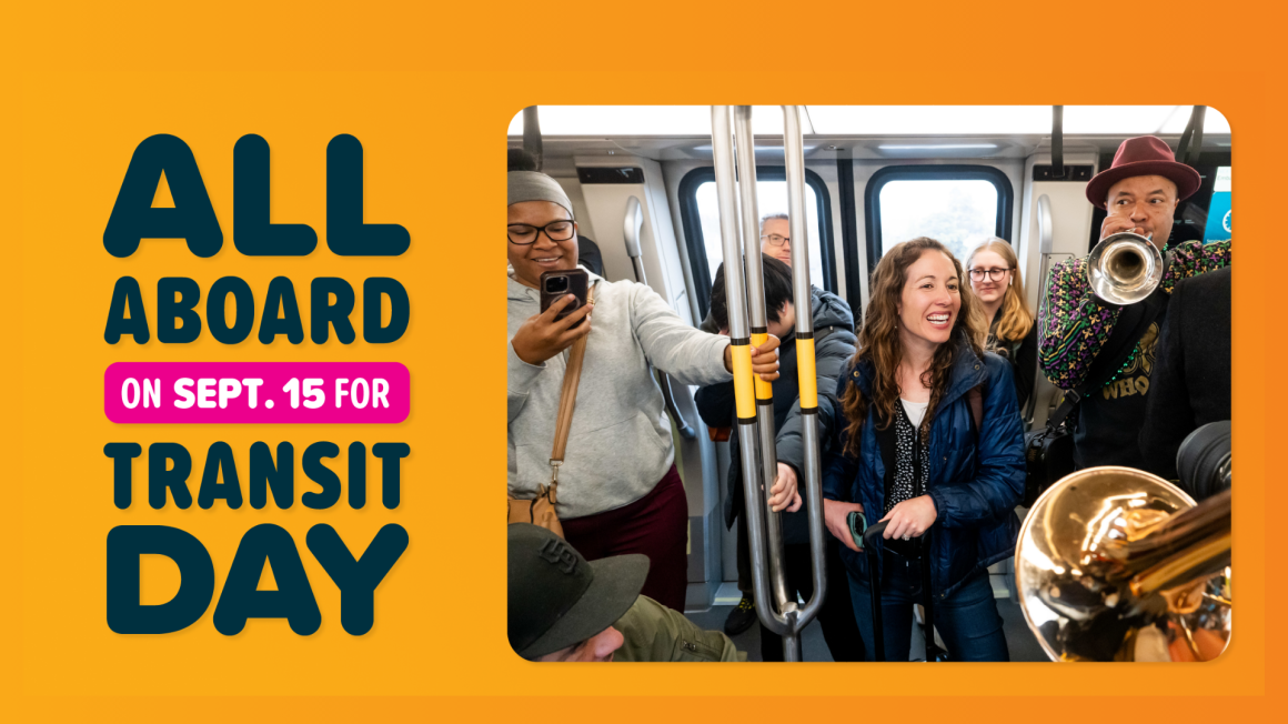 Promotional flyer with orange background reading All Aboard on Sept. 15 for Transit Day.