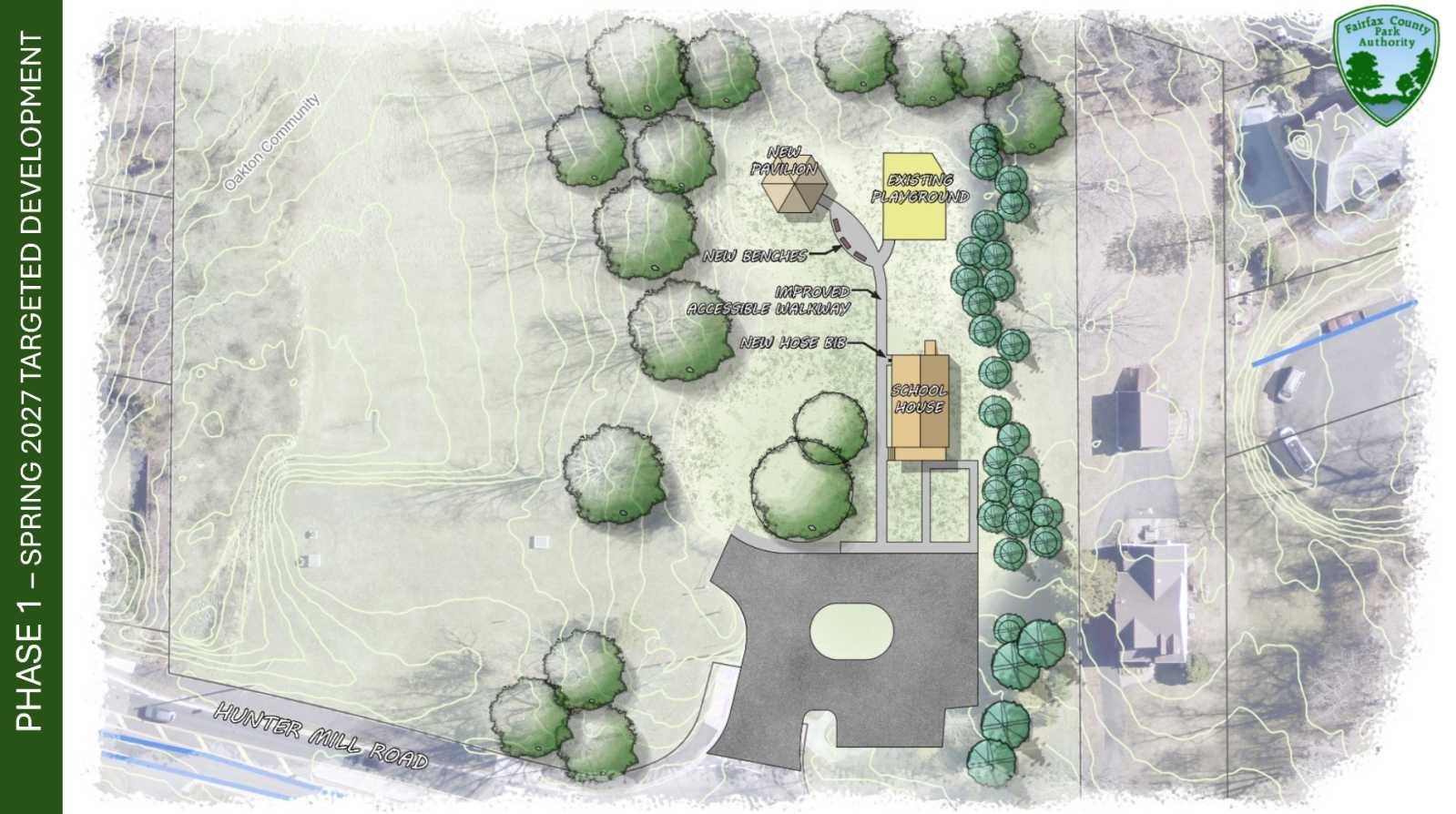 Top-down site plan showing a park layout with a pavilion, walkway, schoolhouse, and playground.