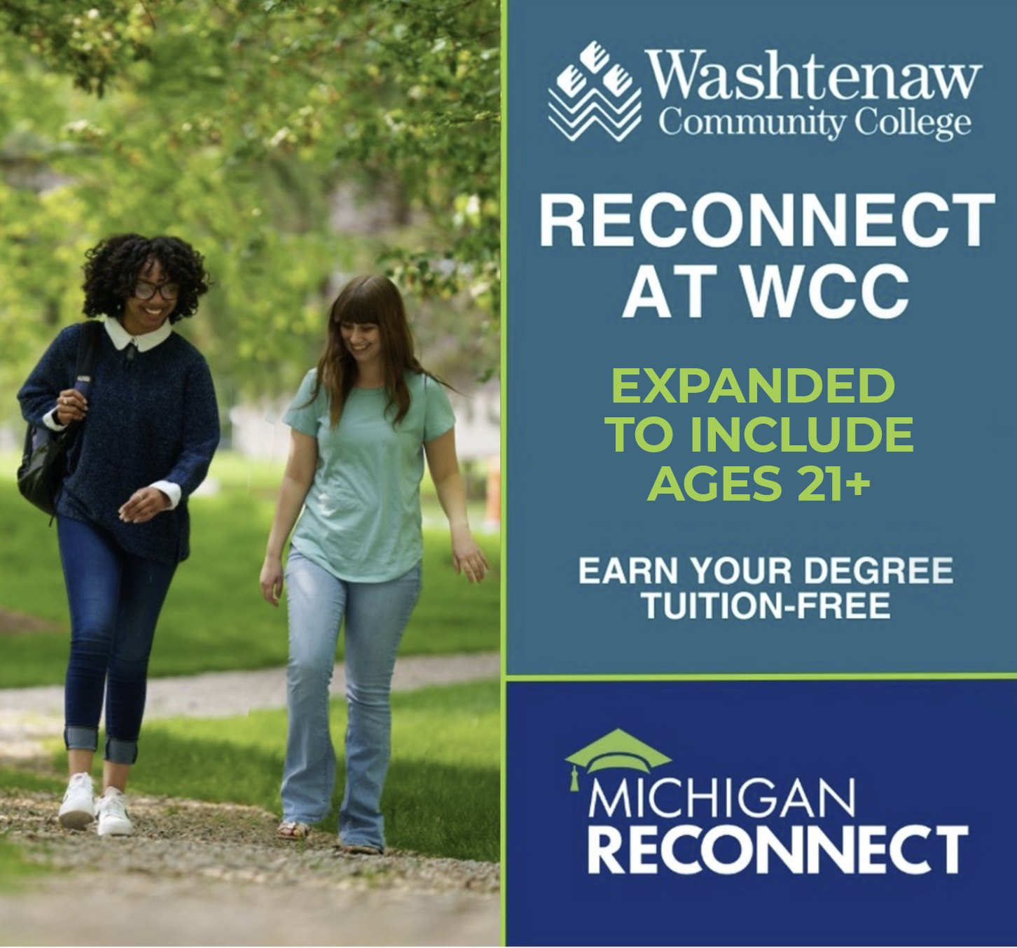 Promotional flyer showing two women walking outdoors and text about free tuition for ages 21 and up.