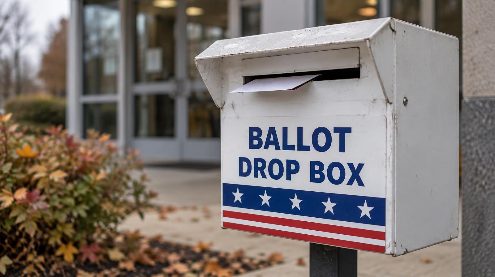 A metal ballot drop box mounted on a post near a building entrance.