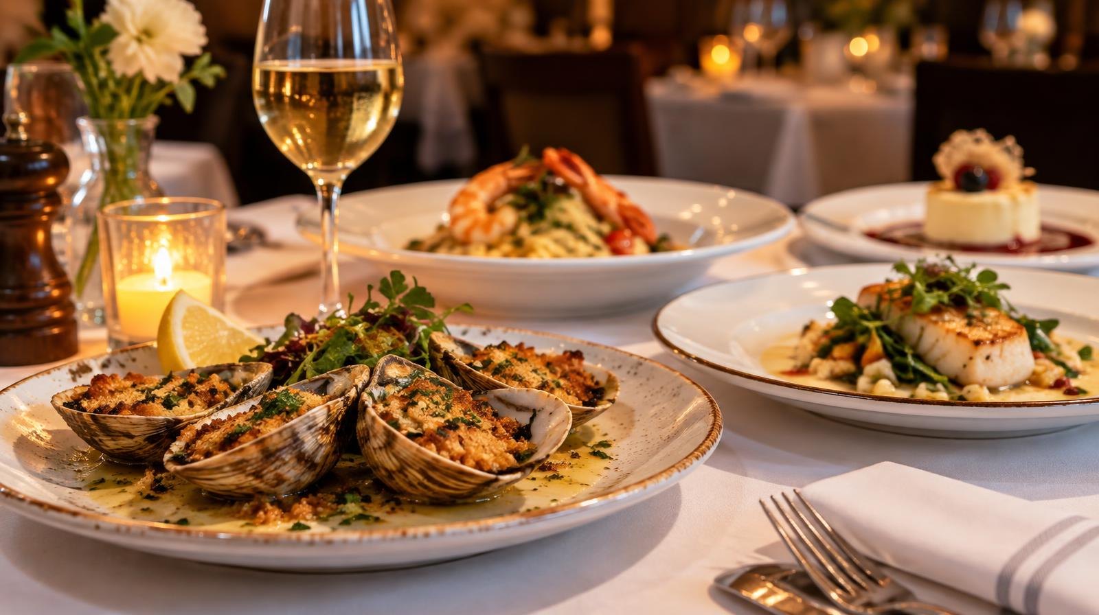 Plated seafood dishes and a wine glass on a white-linen dining table.