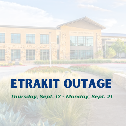 Graphic announcing eTRAKiT outage from Sept. 17 to Sept. 21 over a municipal building backdrop.