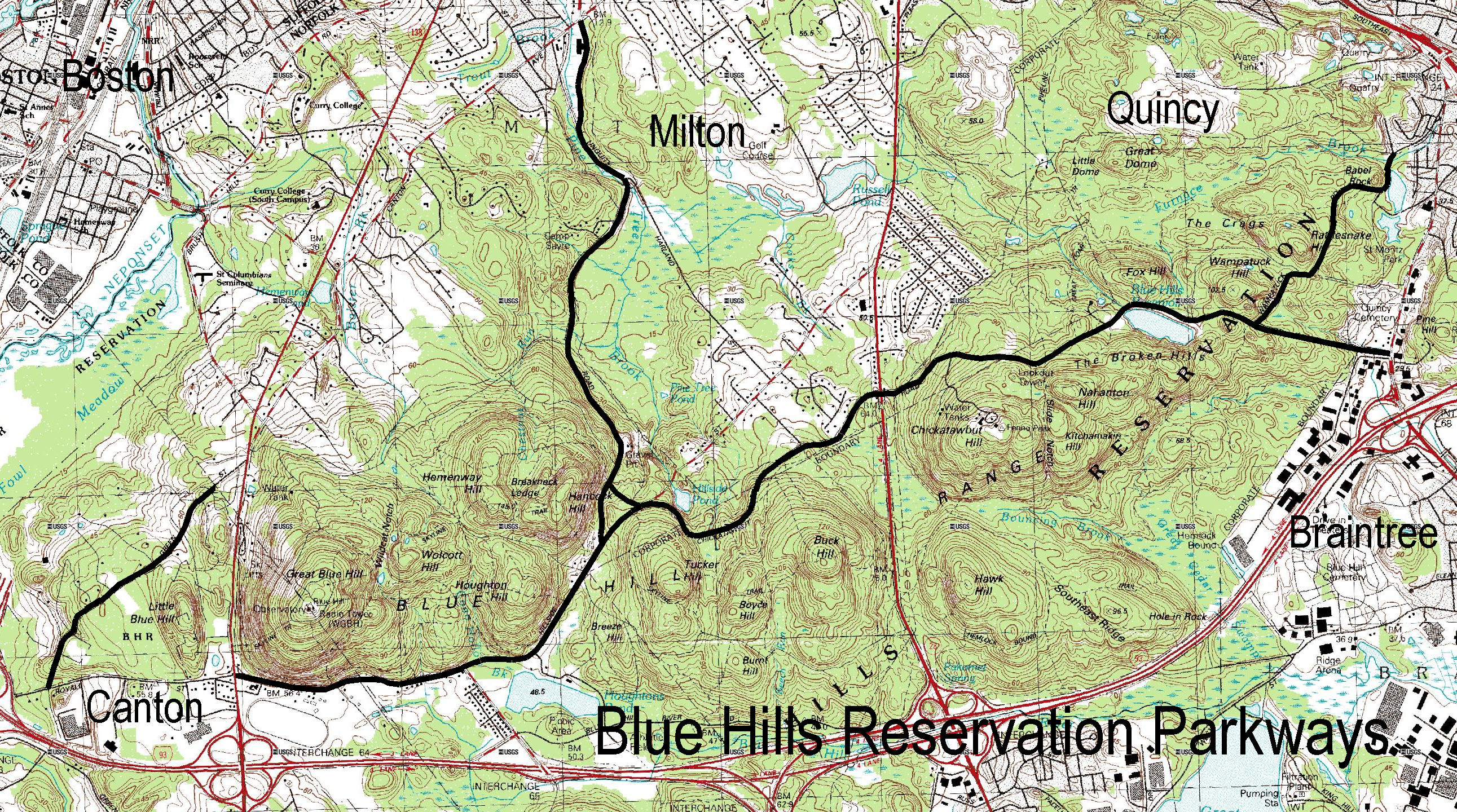 Topographic map showing parkway routes through the Blue Hills Reservation and surrounding towns.