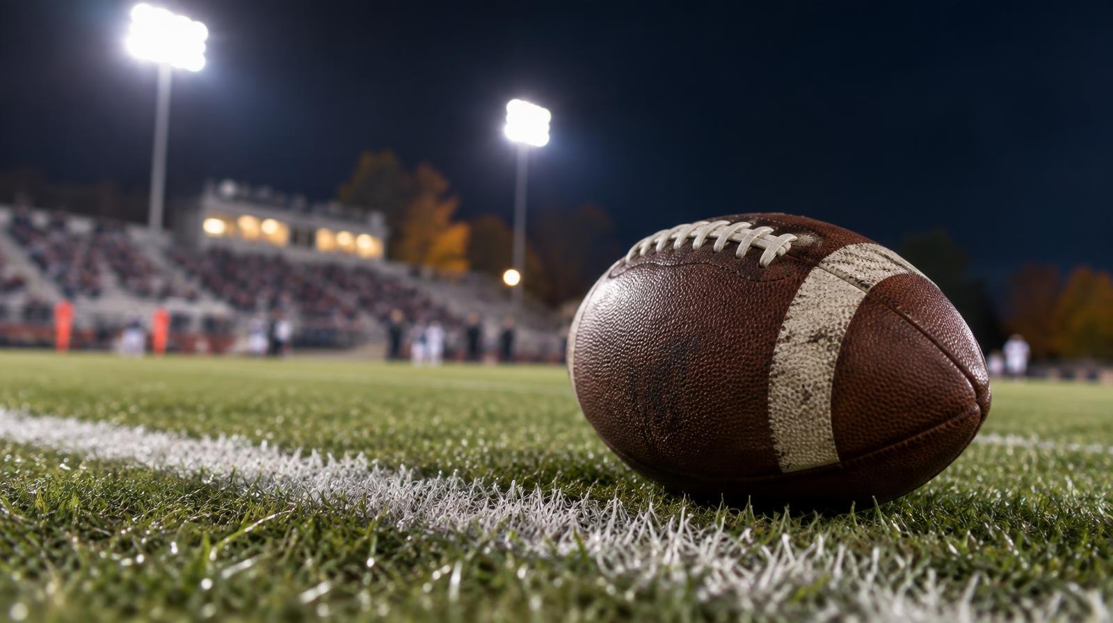 A football resting on green grass near a white yard line under bright stadium lights.