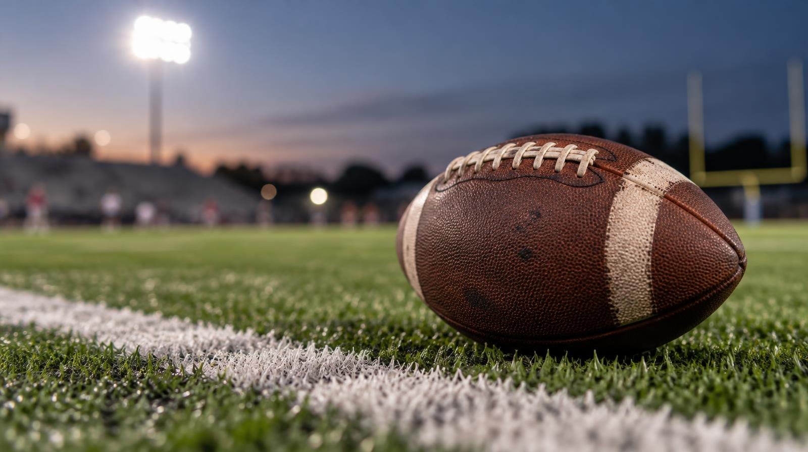An American football resting on green artificial turf beside a white yard line.